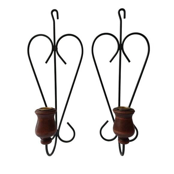 Heart Shaped Sconces (lot of 2) set Green Metal & Wood Candle Holder wall decor - Picture 1 of 9